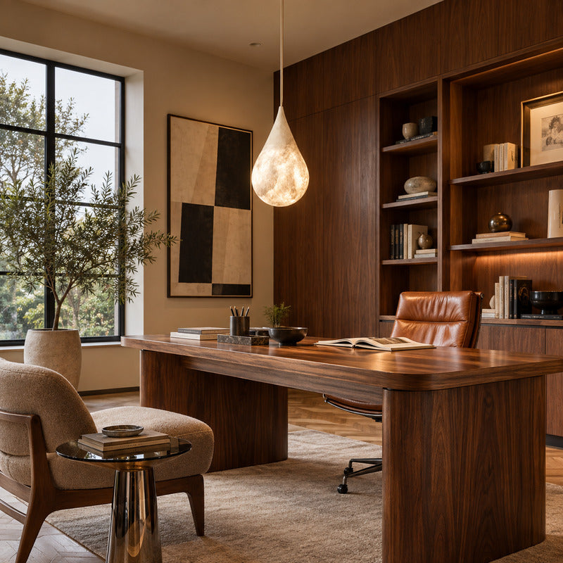 Goccia alabaster raindrop pendant hanging over a home office desk for a warm focused workspace glow
