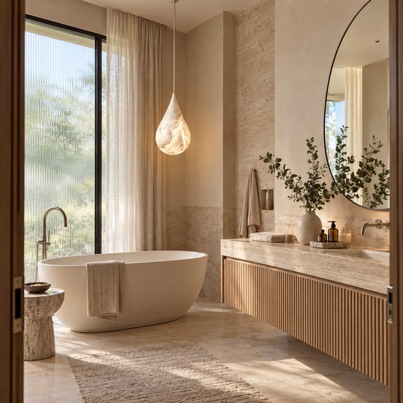 Goccia alabaster raindrop pendant above a vanity mirror in a dry dressing area