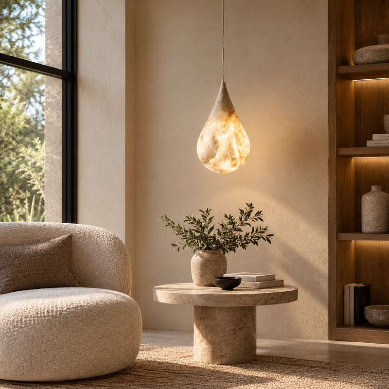 Goccia alabaster raindrop pendant casting a warm glow over a corner reading chair and nook