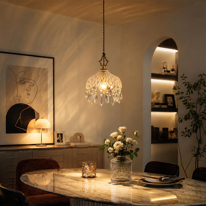 Goldie mid century modern dining room brass pendant clear glass warm interior