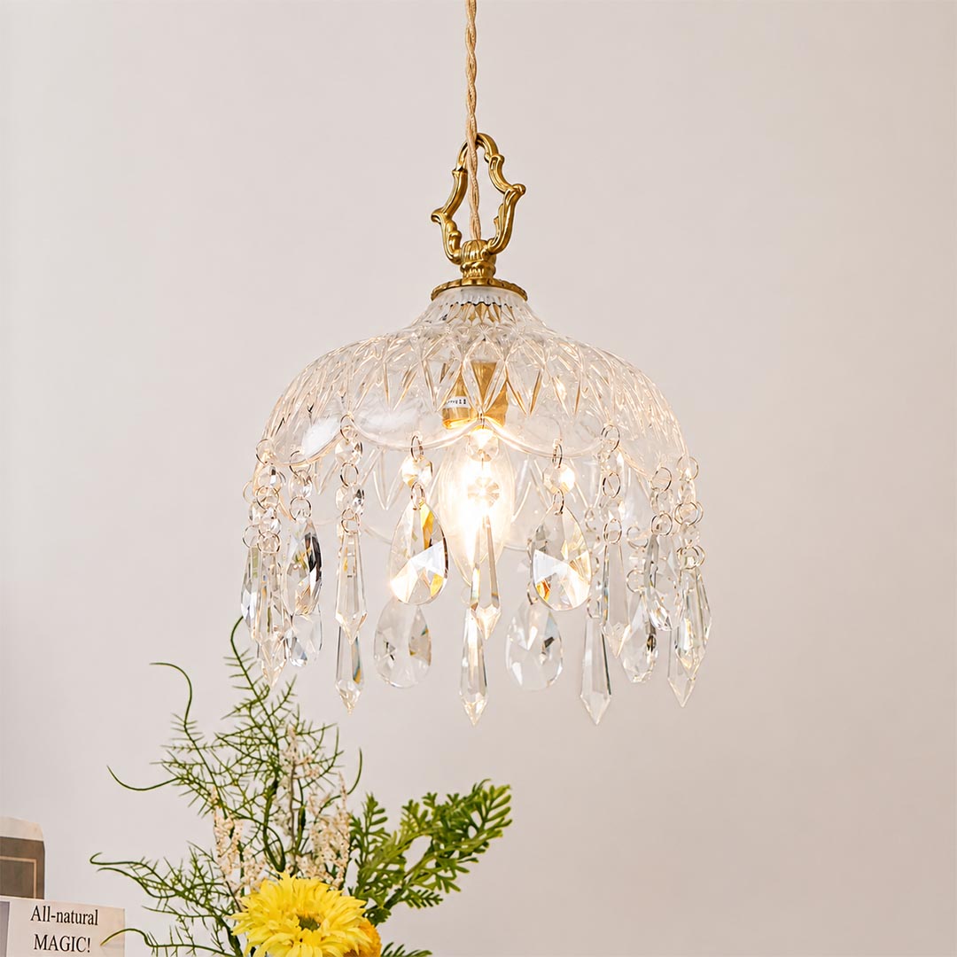 Goldie solid brass canopy clear crystal glass bowl shade detail close up vintage filament