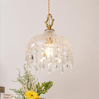 Goldie solid brass canopy clear crystal glass bowl shade detail close up vintage filament