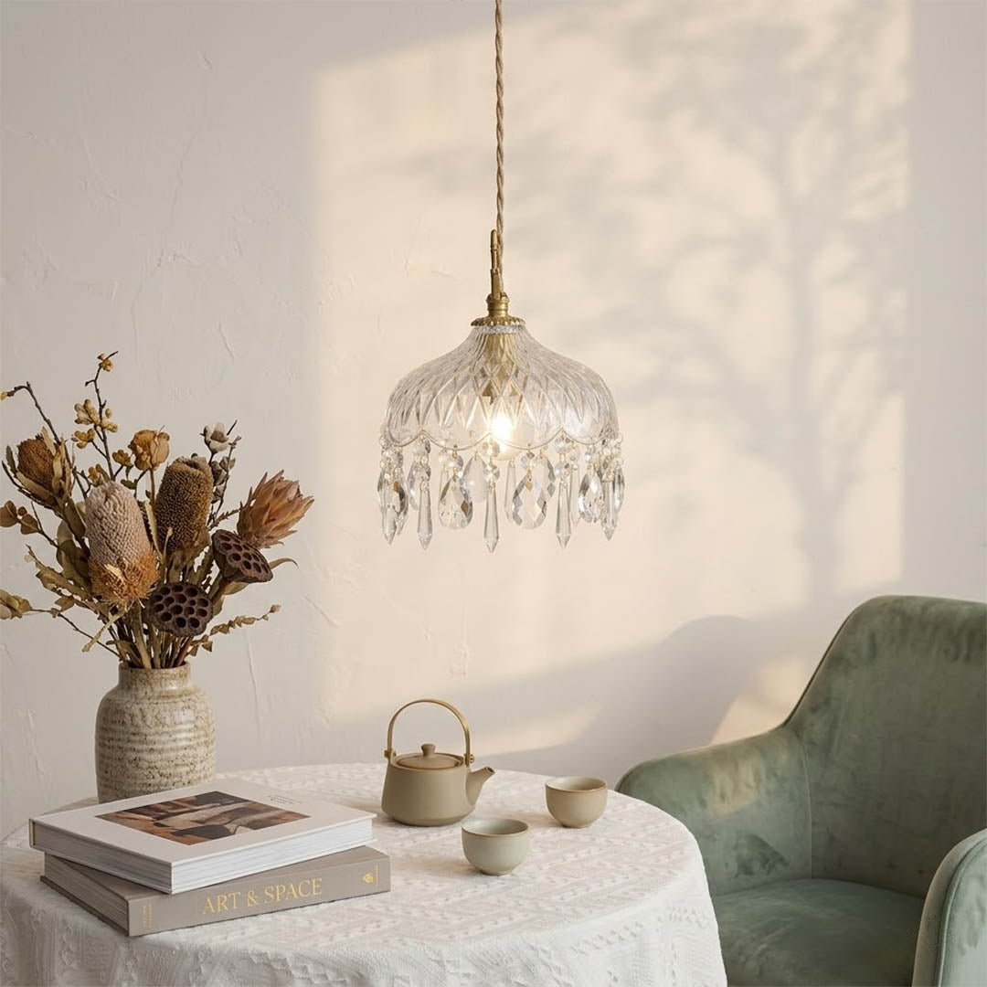 Goldie mid century modern dining room brass pendant clear glass warm interior