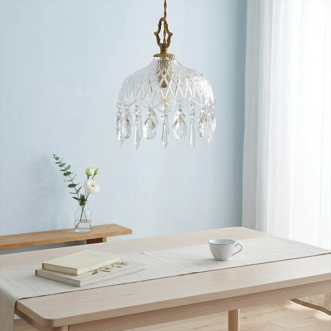 Goldie mid century modern dining room brass pendant clear glass warm interior