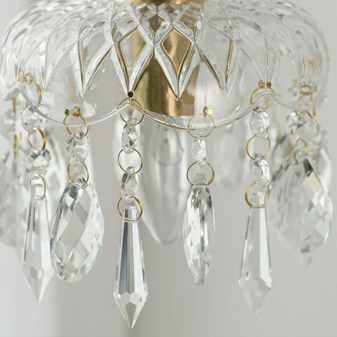 Goldie solid brass canopy clear crystal glass bowl shade detail close up vintage filament