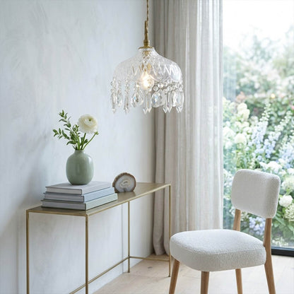 Goldie mid century modern dining room brass pendant clear glass warm interior