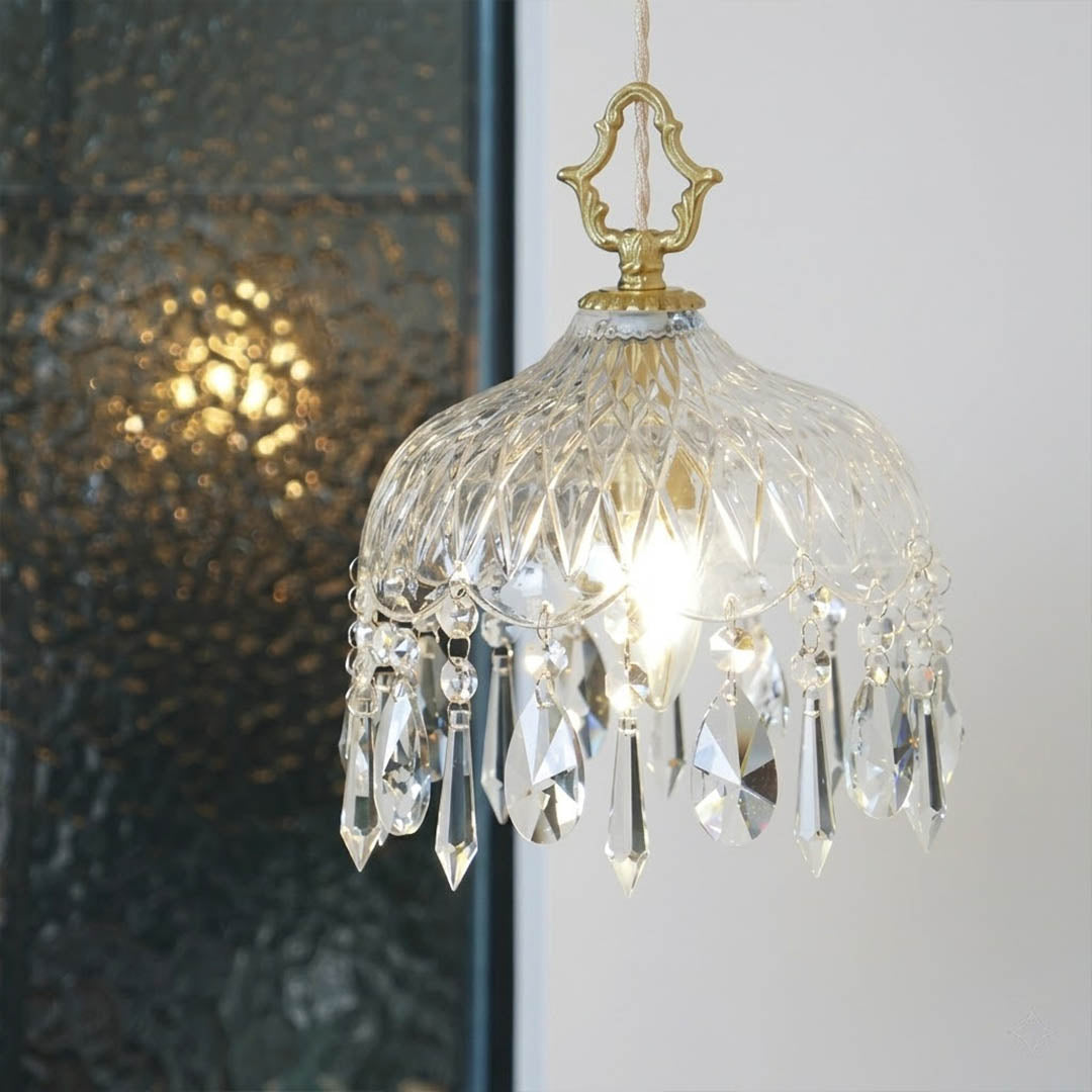 Goldie solid brass canopy clear crystal glass bowl shade detail close up vintage filament