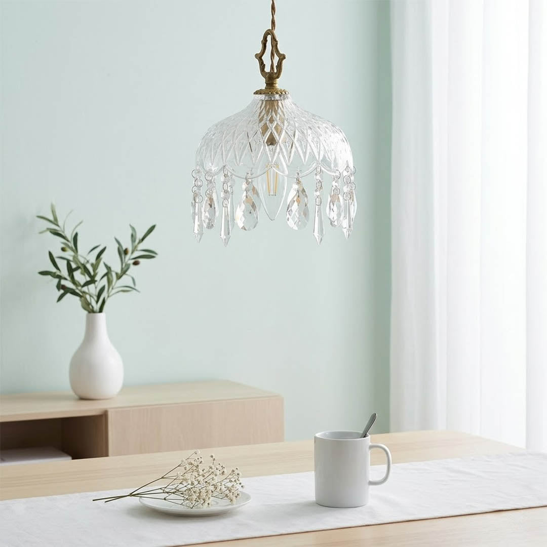 Goldie mid century modern dining room brass pendant clear glass warm interior