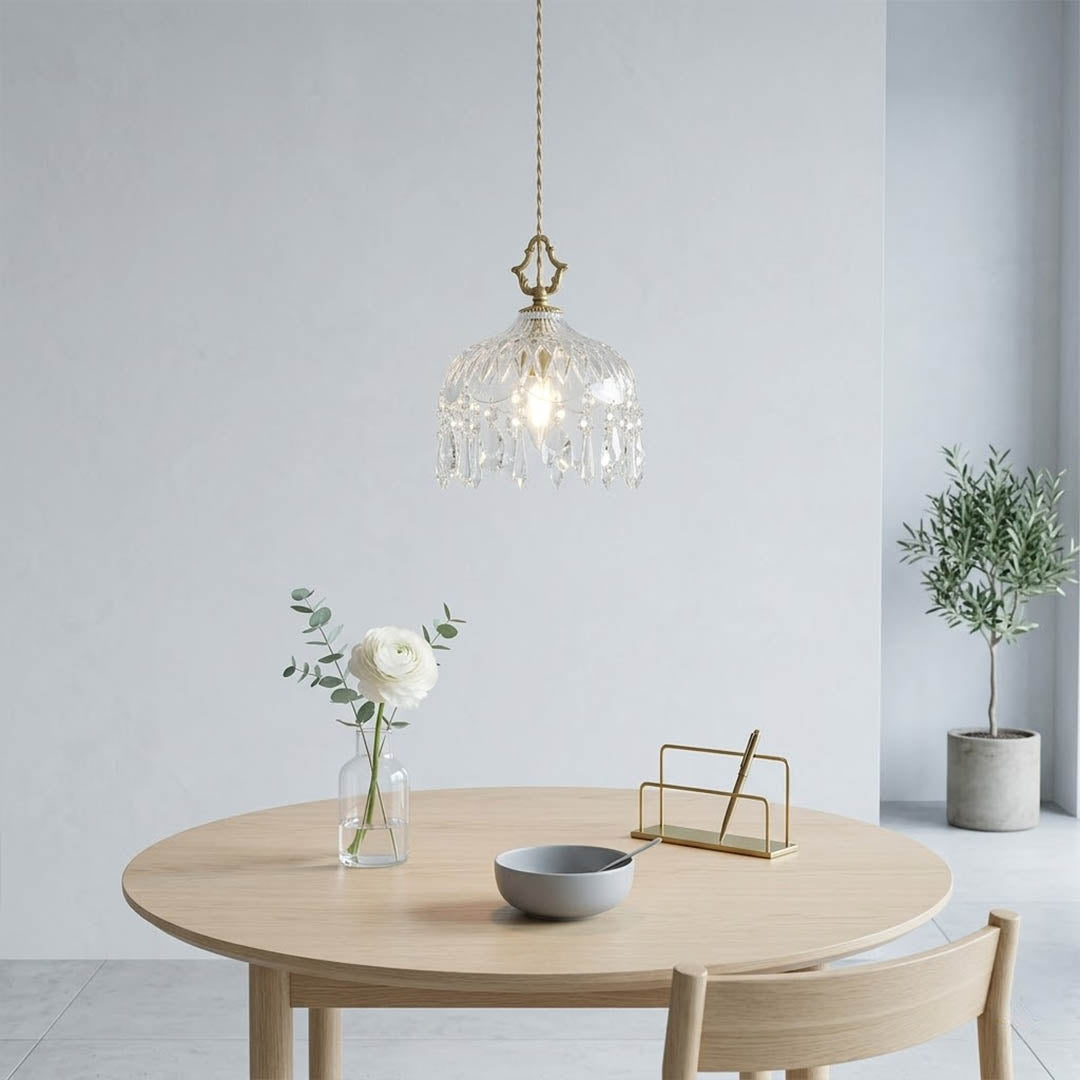 Goldie mid century modern dining room brass pendant clear glass warm interior