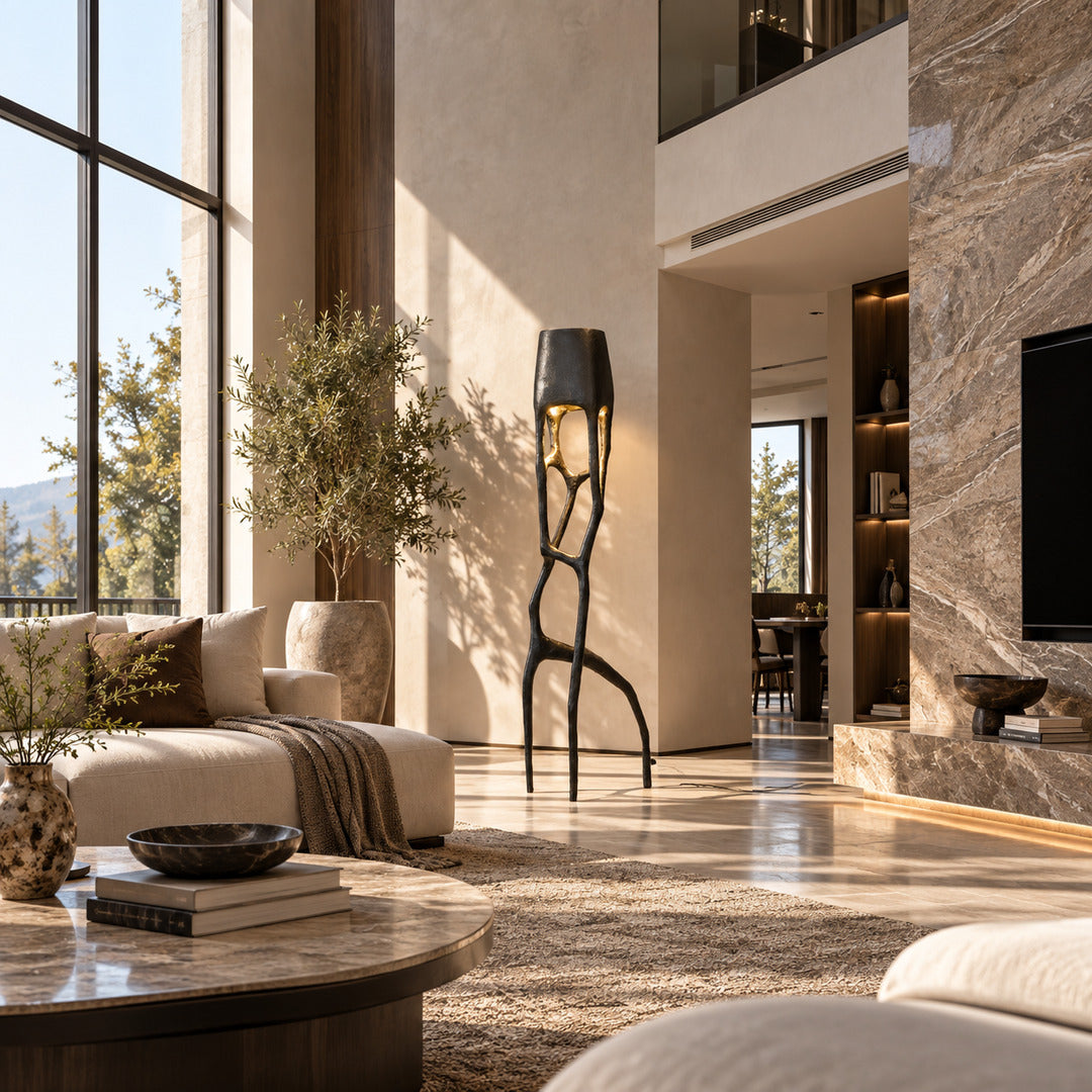 Gotica sculpture floor lamp filling a living room corner with a warm sculptural glow