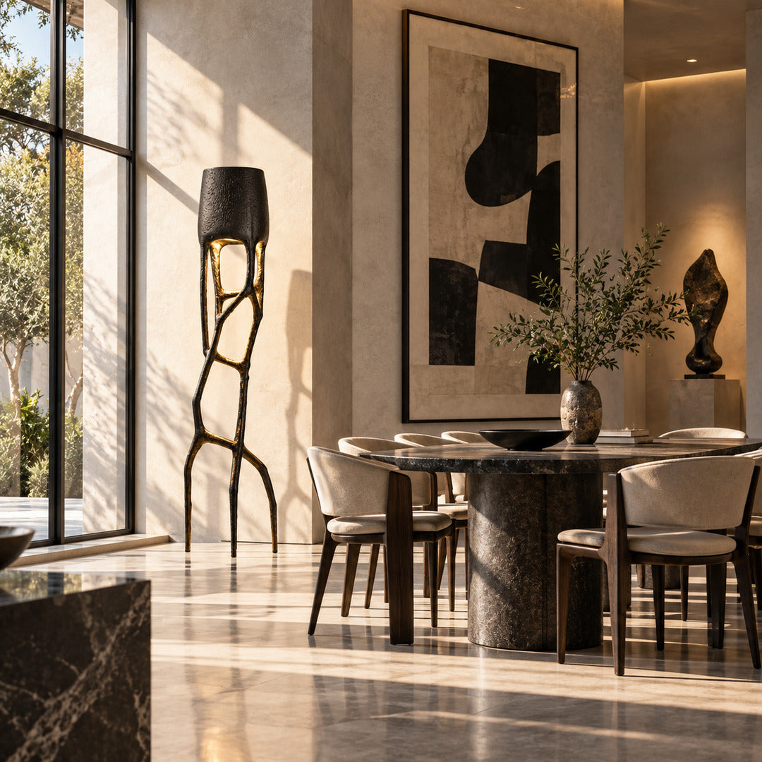 Gotica sculpture floor lamp adding a dramatic sculptural glow to an upscale restaurant lounge