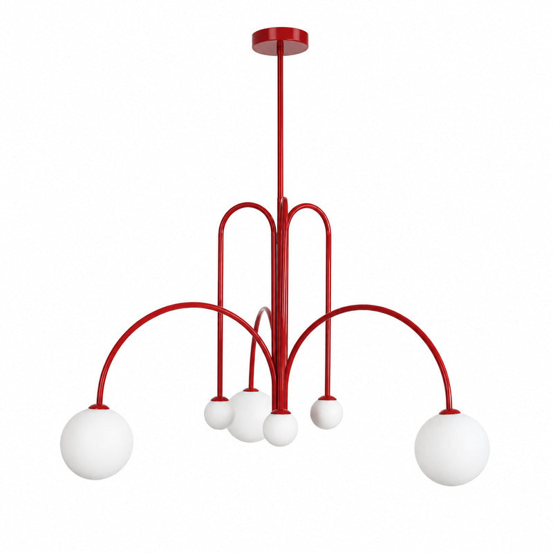 Gran Finale glass chandelier with a cluster of white glass globes glowing warm over a dining table