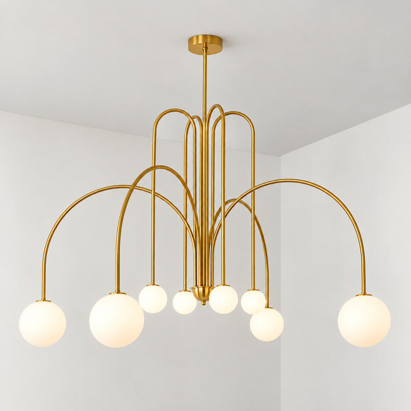 Eight-head copper Gran Finale glass chandelier as a warm luxe cluster over a table
