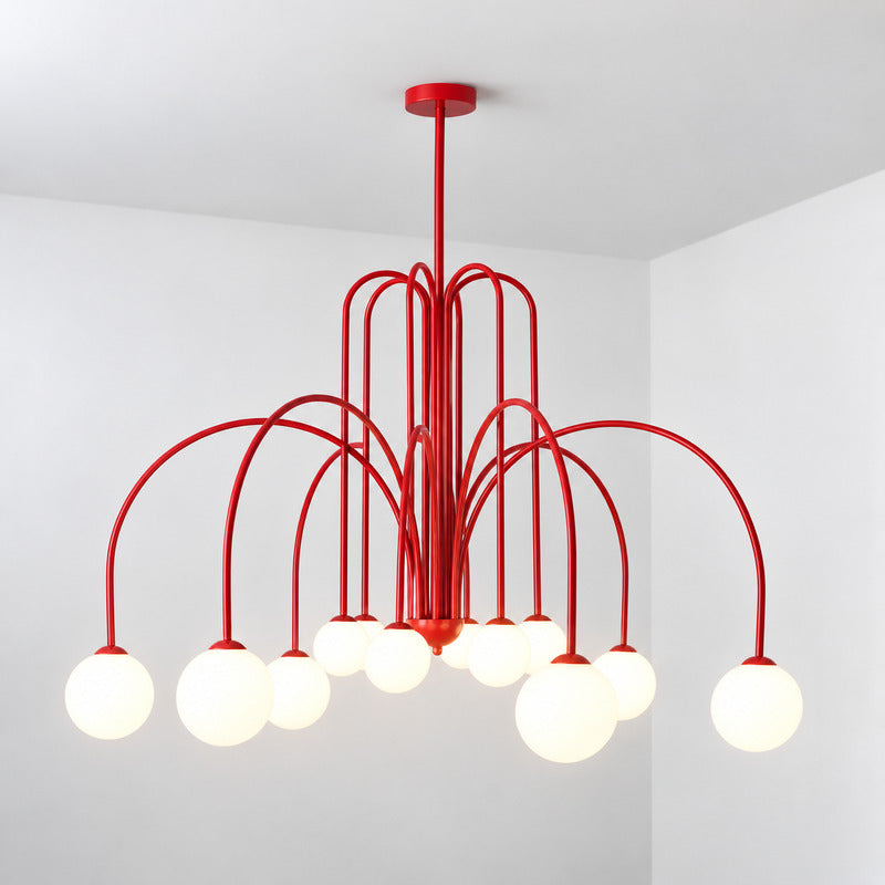 Twelve-head bright red Gran Finale glass chandelier as a bold focal point in a stairwell