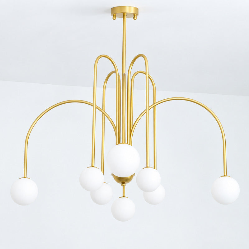 Close-up of the clustered large and small white glass globes on the Gran Finale chandelier