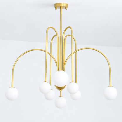 Close-up of the clustered large and small white glass globes on the Gran Finale chandelier