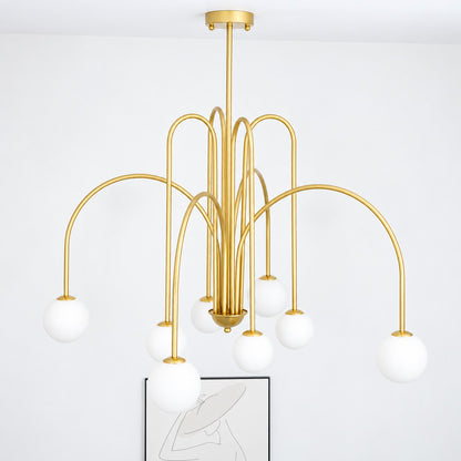 Detail of the white glass globe shades diffusing a soft warm glow on the Gran Finale chandelier