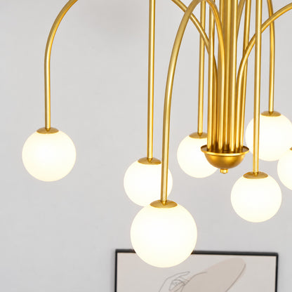 Close-up of the clustered large and small white glass globes on the Gran Finale chandelier