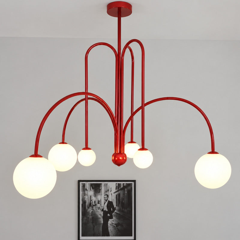 Detail of the multi-rod metal frame arranging the glass globes on the Gran Finale chandelier
