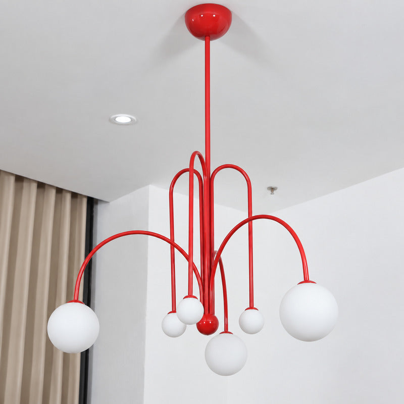 Detail of the multi-rod metal frame arranging the glass globes on the Gran Finale chandelier