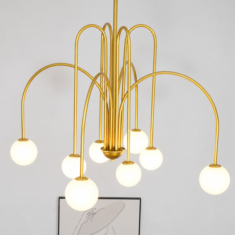 Detail of the multi-rod metal frame arranging the glass globes on the Gran Finale chandelier