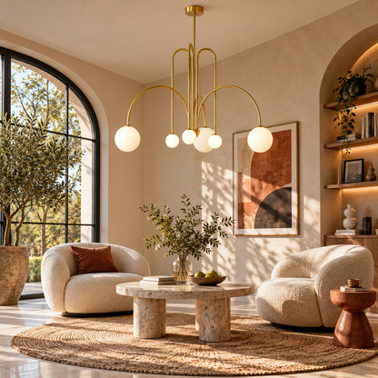 Gran Finale glass chandelier as a bold clustered centerpiece in a modern living room