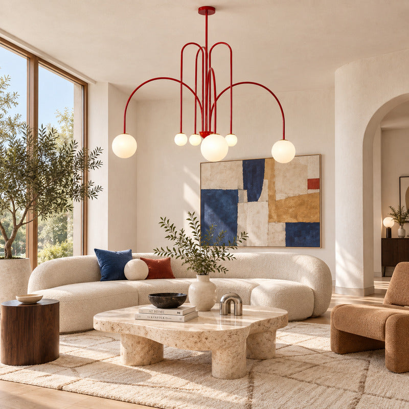 Gran Finale glass chandelier as a bold clustered centerpiece in a modern living room