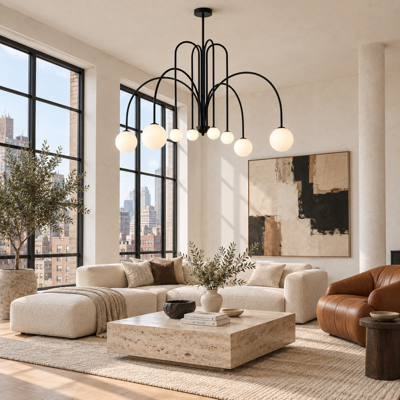 Gran Finale glass chandelier as a bold clustered centerpiece in a modern living room
