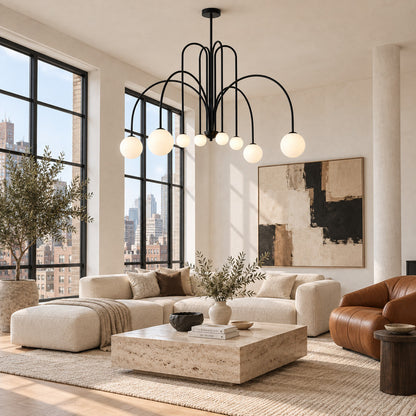 Gran Finale glass chandelier as a bold clustered centerpiece in a modern living room