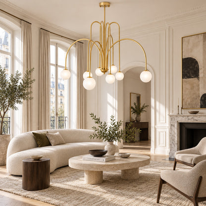 Gran Finale glass chandelier as a bold clustered centerpiece in a modern living room