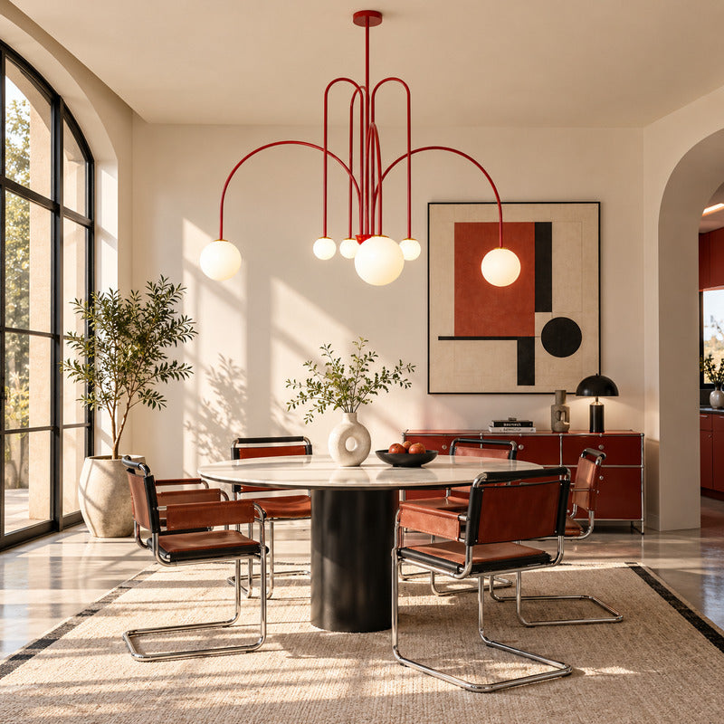 Gran Finale glass chandelier casting warm light over an elegant dining room table