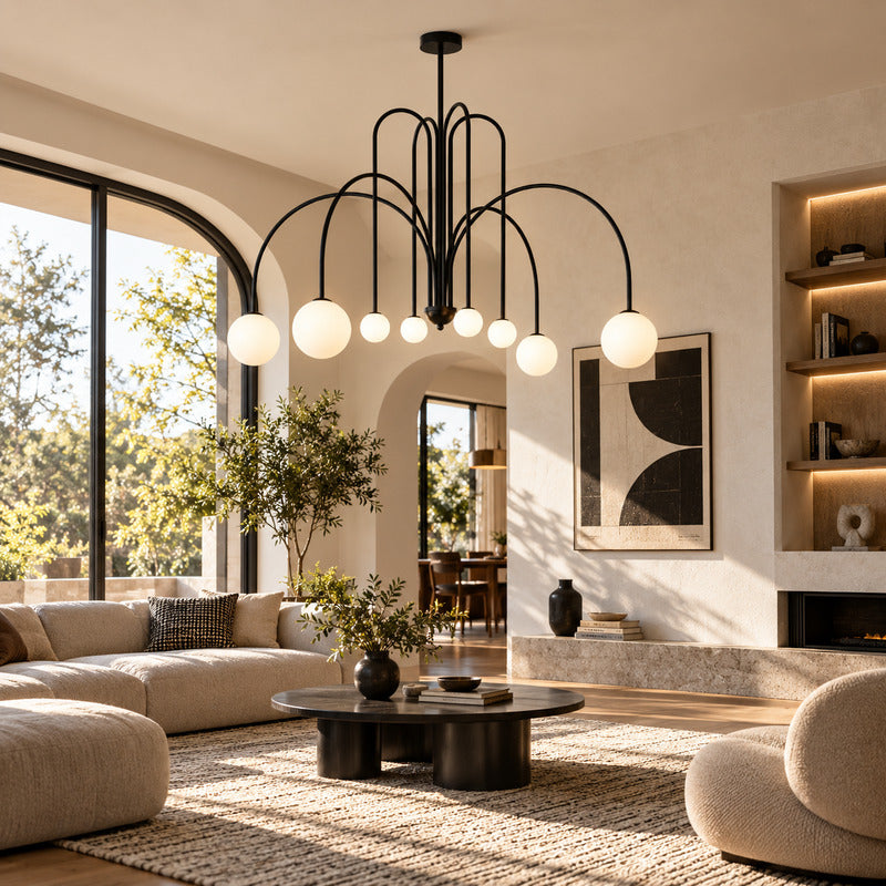 Gran Finale glass chandelier as a bold clustered centerpiece in a modern living room