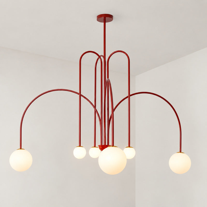 Six-head bright red Gran Finale glass chandelier as a bold centerpiece in a living room