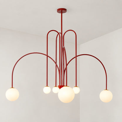 Six-head bright red Gran Finale glass chandelier as a bold centerpiece in a living room