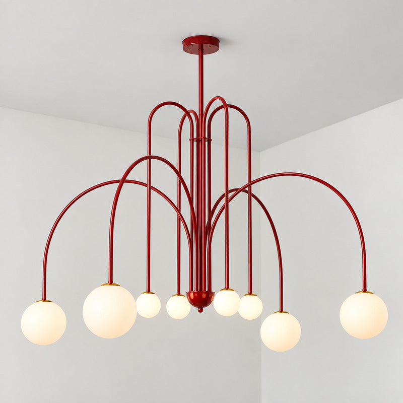 Eight-head bright red Gran Finale glass chandelier as a dramatic statement in an open space