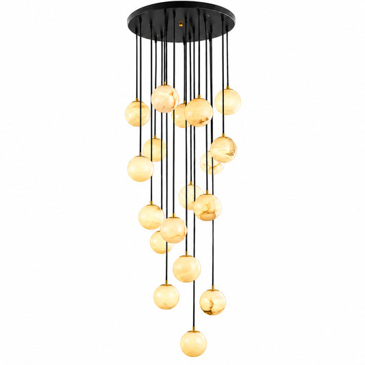 Grappolo chandelier with alabaster globes hanging at staggered heights from a black round canopy on a white background