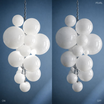 White orange purple and blue glass globe options of the Grappolo chandelier shown side by side