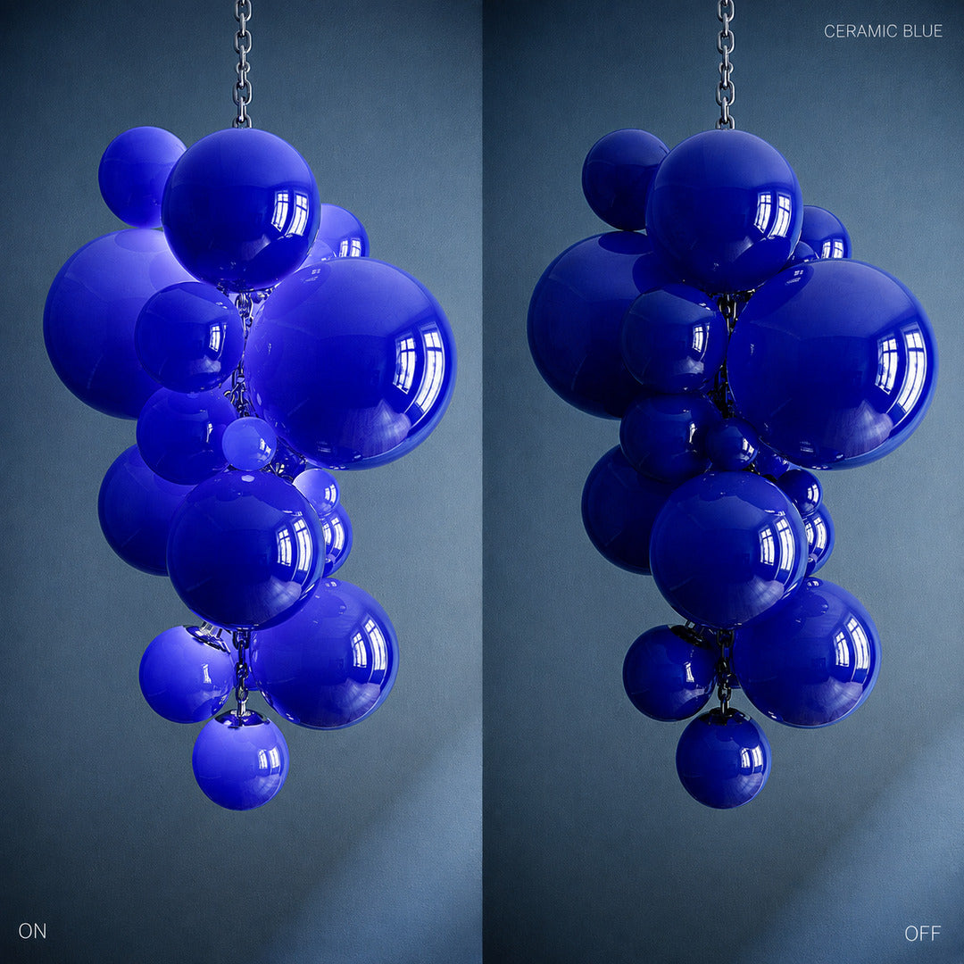 White orange purple and blue glass globe options of the Grappolo chandelier shown side by side
