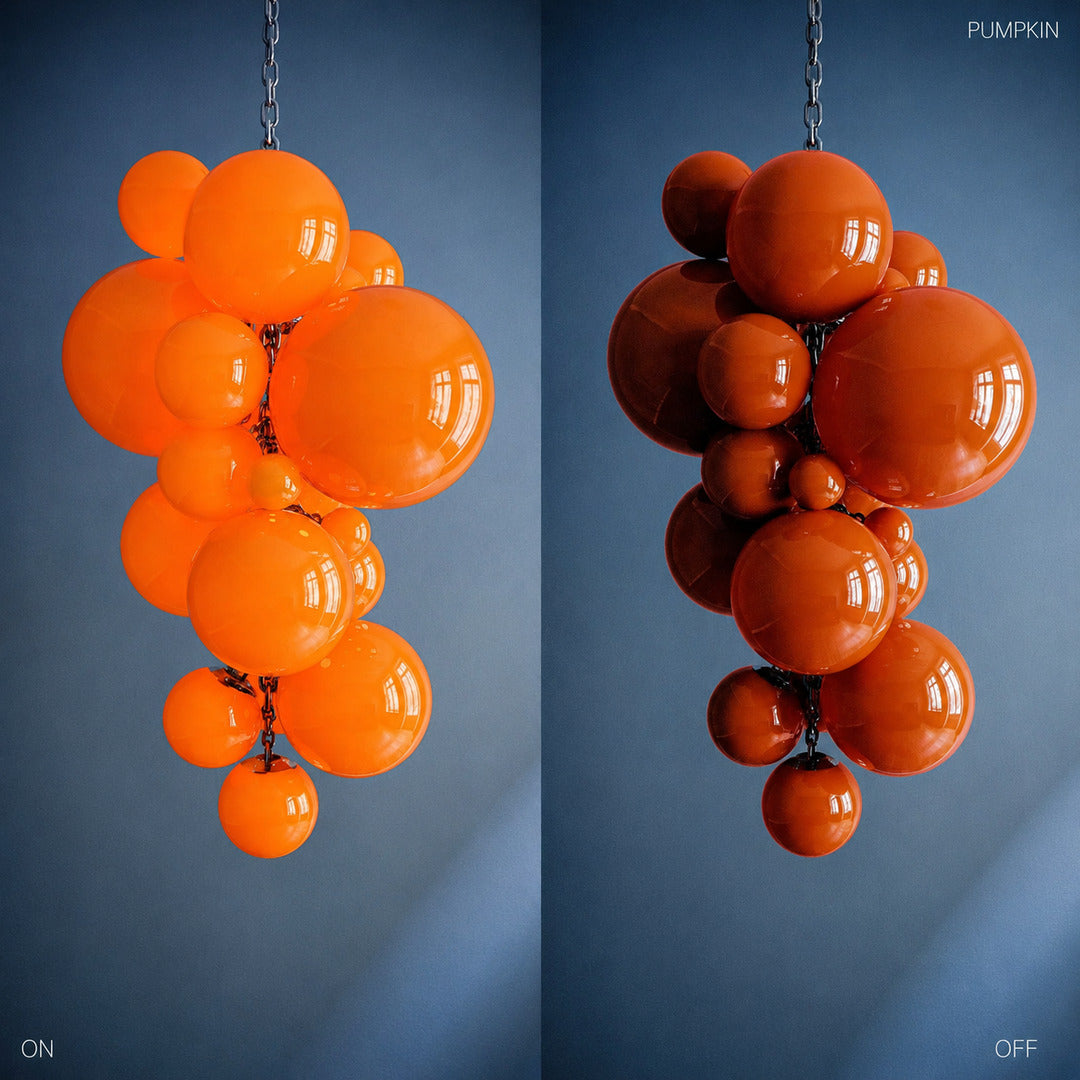 White orange purple and blue glass globe options of the Grappolo chandelier shown side by side