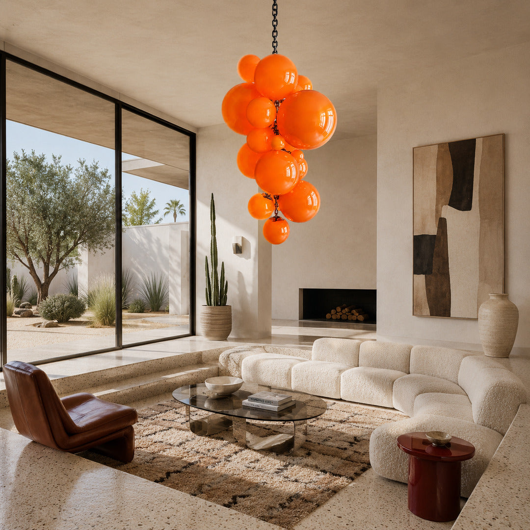 Grappolo glass chandelier as a colorful sculptural centerpiece in a modern living room