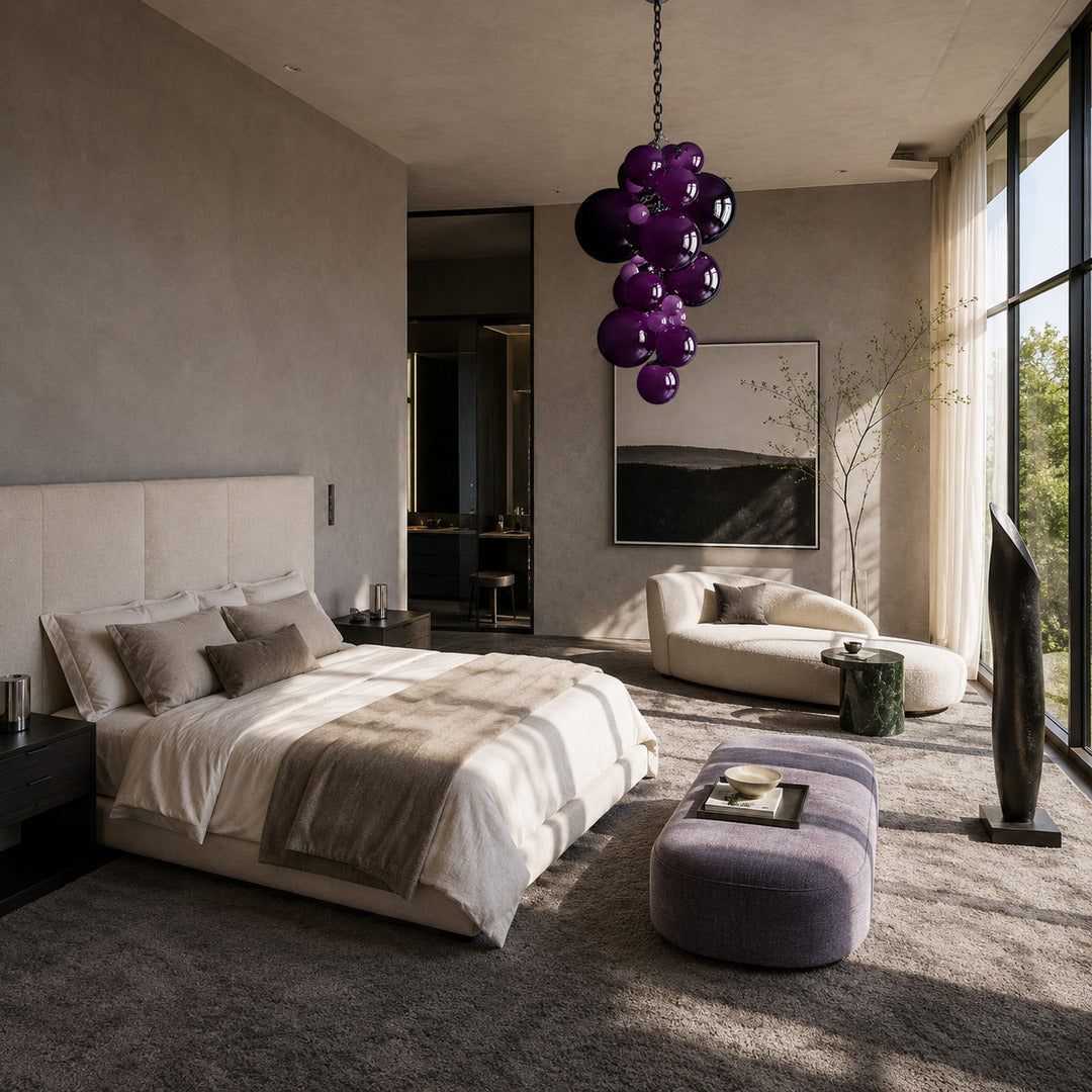 Grappolo glass chandelier adding a soft romantic glow above a modern master bedroom