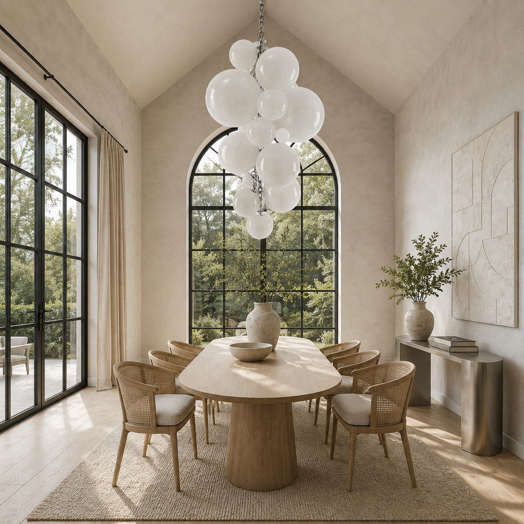 Grappolo glass chandelier casting a warm glow over an elegant dining room table