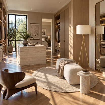 Grazia gold tripod floor lamp adding a refined minimalist accent to a boutique hotel room