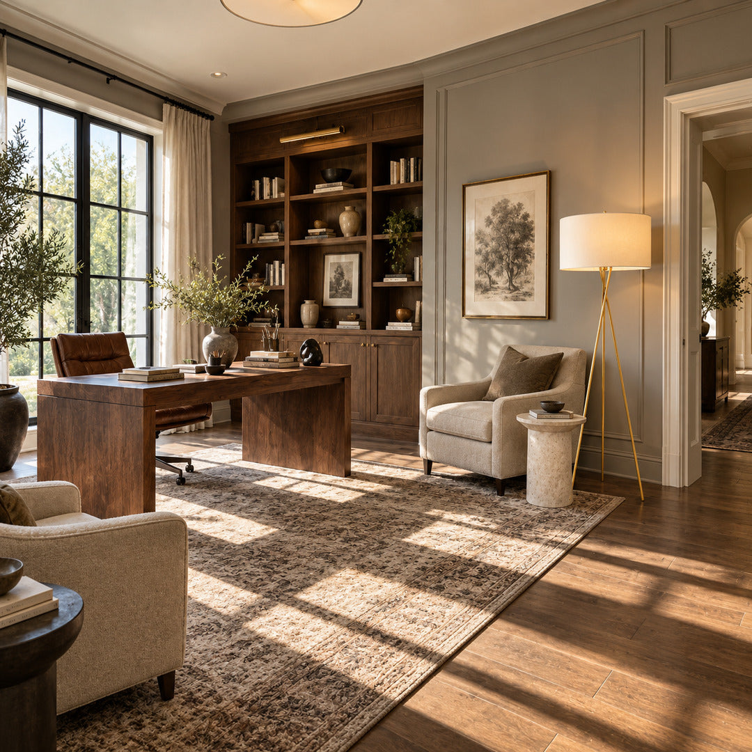 Grazia gold tripod floor lamp adding a refined accent to a home office corner