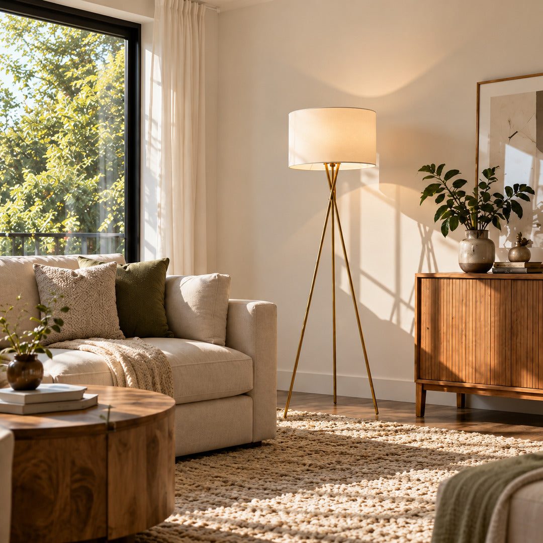 Grazia floor lamp standing beside a sofa as a minimalist gold accent in a living room