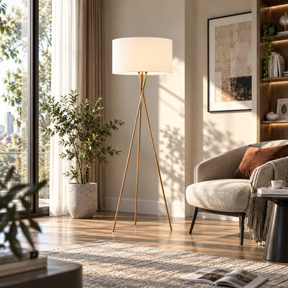 Grazia floor lamp casting a soft warm glow over a corner reading chair