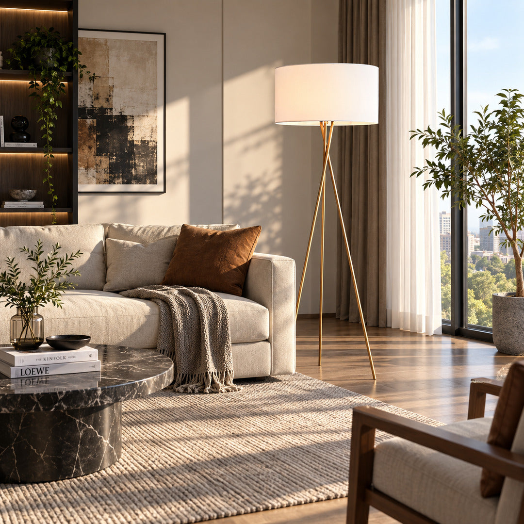 Grazia floor lamp standing beside a sofa as a minimalist gold accent in a living room
