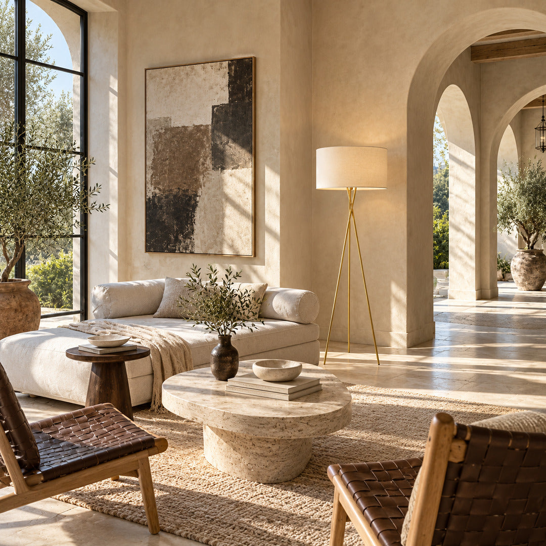Grazia floor lamp standing beside a sofa as a minimalist gold accent in a living room