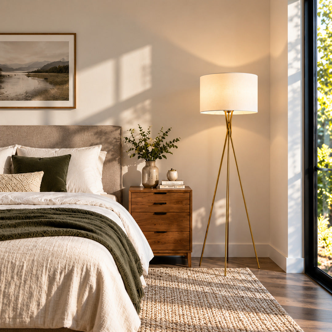 Grazia floor lamp adding a warm minimalist accent beside a modern master bedroom bed