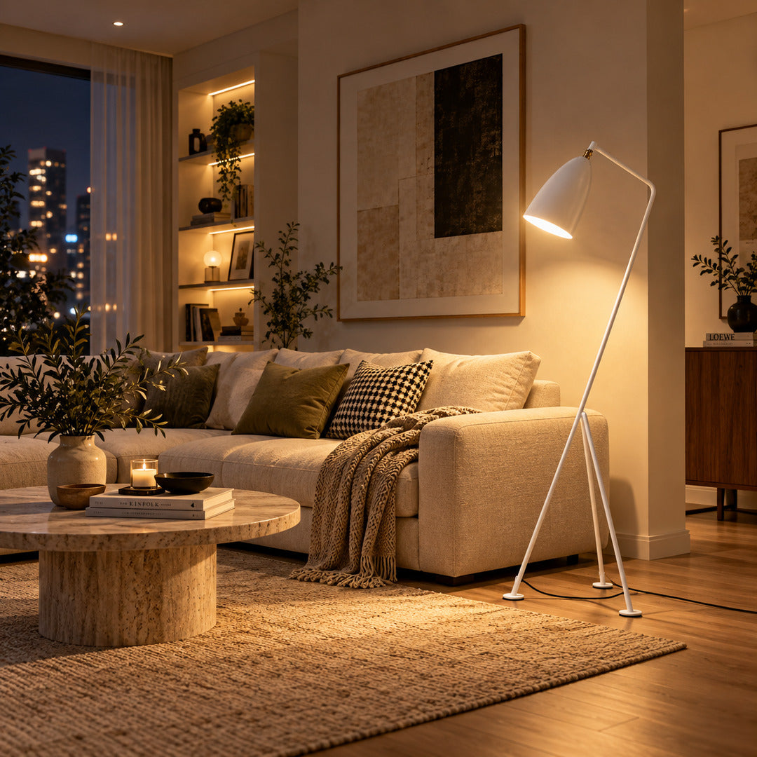 Grillo floor lamp standing beside a sofa directing task light in a modern living room